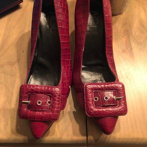 AGL Scarlet Crocodile Print Leather Block Heel Buckle Pump
